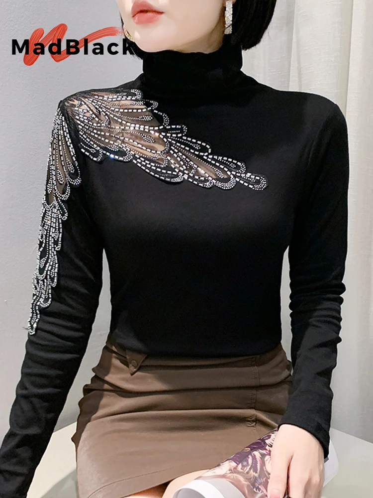 MadBlack, European Clothes T-Shirt, Sexy Women Turtleneck Hollow Out Tops, Fashion Long Sleeve Slim Tee, Autumn Winter T40908CC