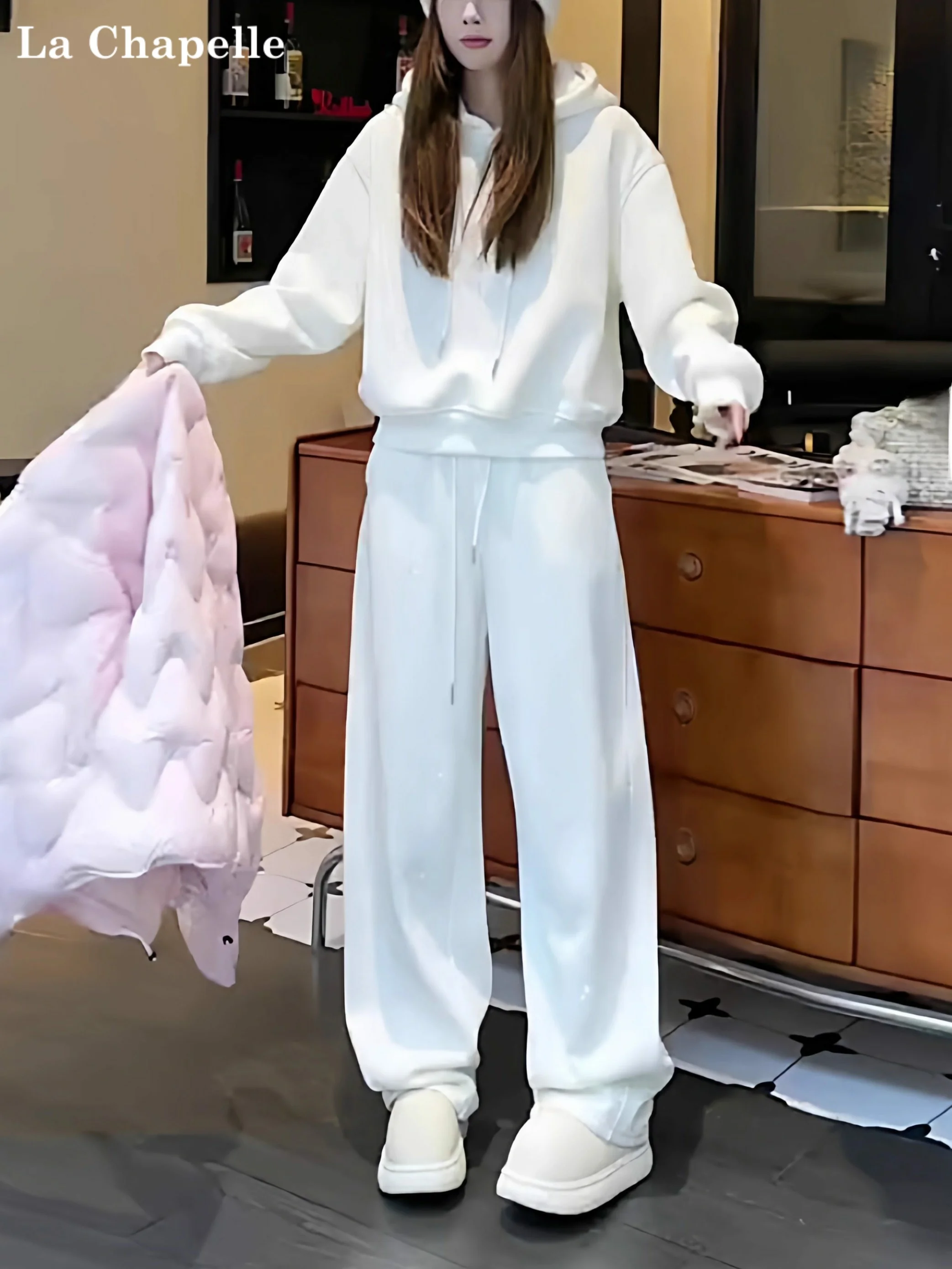 

La Chapelle Casual Sportswear Set Women's Spring Autumn Winter New Style Ageless Loose Fleece White Sweatshirt Two-Piece Set