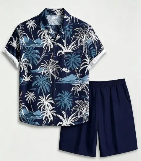 Tropical Island Scenery Graphic Men Co‑ord Set Turn‑down Collar Button Shirt Elastic Waist Short Pant Vacation Suit