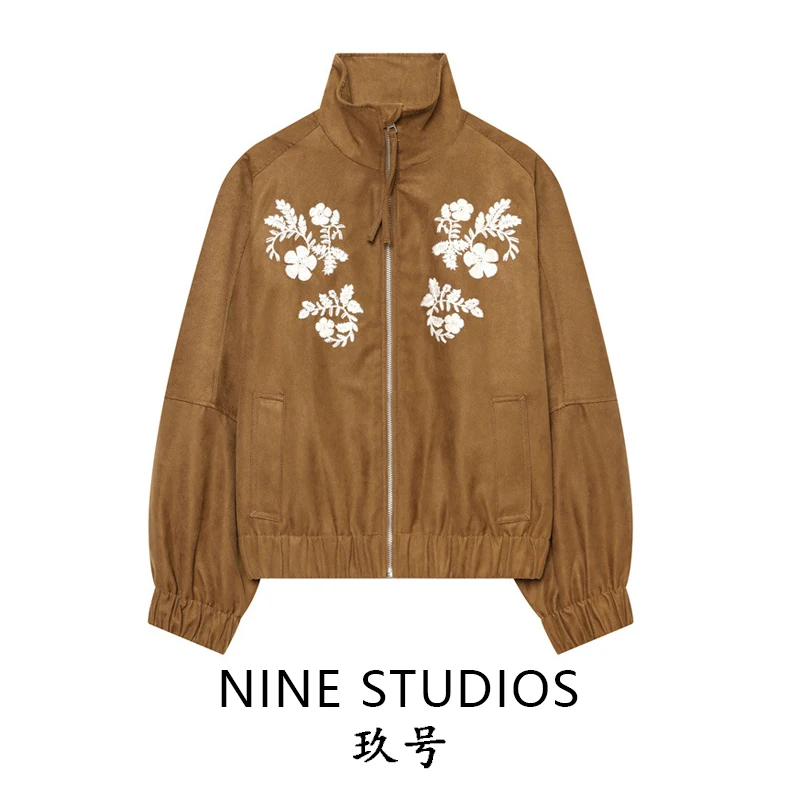 NINE ZAR Women's Floral Pattern Decorative Stand Collar Zipper Pilot Jacket Short Outerwear Long Sleeve Winter Fashion