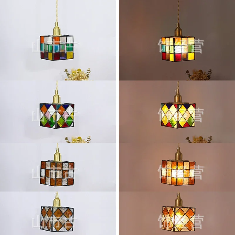 Colorful Cube Tiffany Pendant Ceiling Light Nordic Chandelier Home Decor Stained Glass Lighting Fixture Dining Room Kitchen Lamp