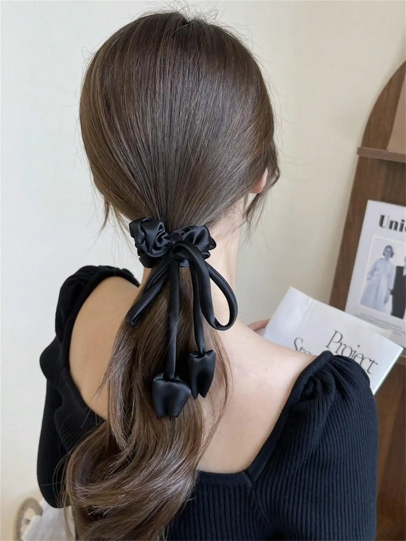 1 Scrunchie Ladies niche Premium sense tulip streamer Black simple colon scrunchie bow headstring hair accessory