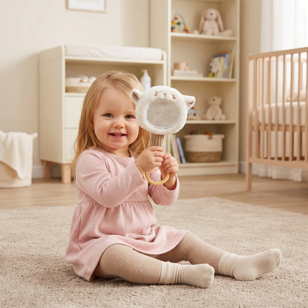 Montessori-inspiriertes Spiegel-Multifunktions-Tierspielzeug aus weicher Baumwolle für Babys im Bauchliegenalter von 6-12 Monaten, Jungen und Mädchen, sensorische Entwicklung – Detail 2