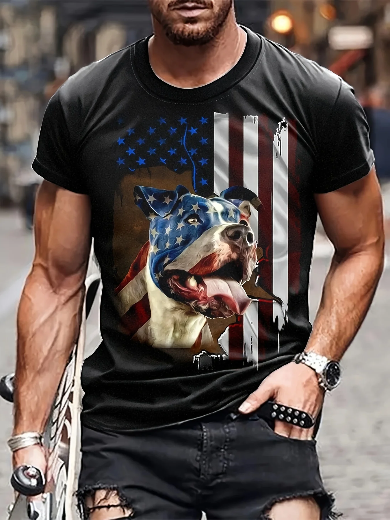 American Flag T-Shirt For Men 3d Animal Dog Printed Short Sleeve Tops Summer Casual Streetwear Men's Clothing Oversized T-Shirt