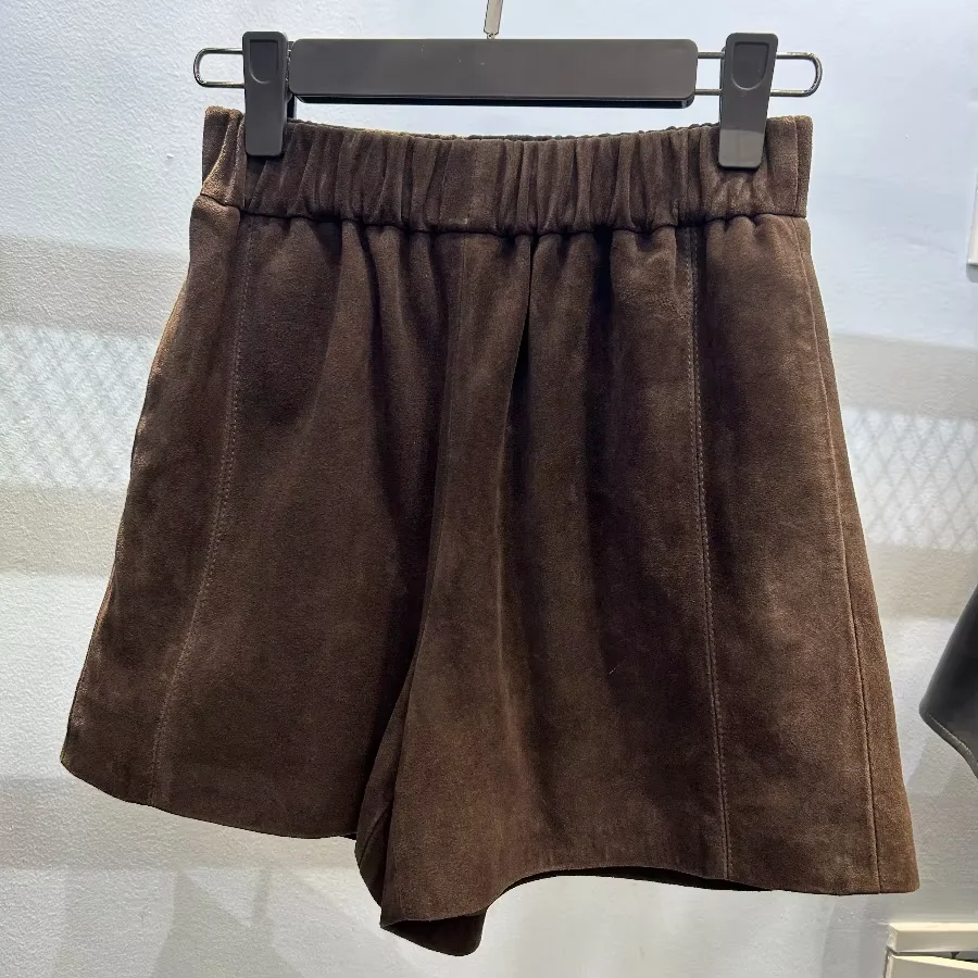 

Retro Suede Leather Sheepskin Shorts Women Spring Genuine Leather Vertical Short Britches Casual Bloomers Shorts Mujeres