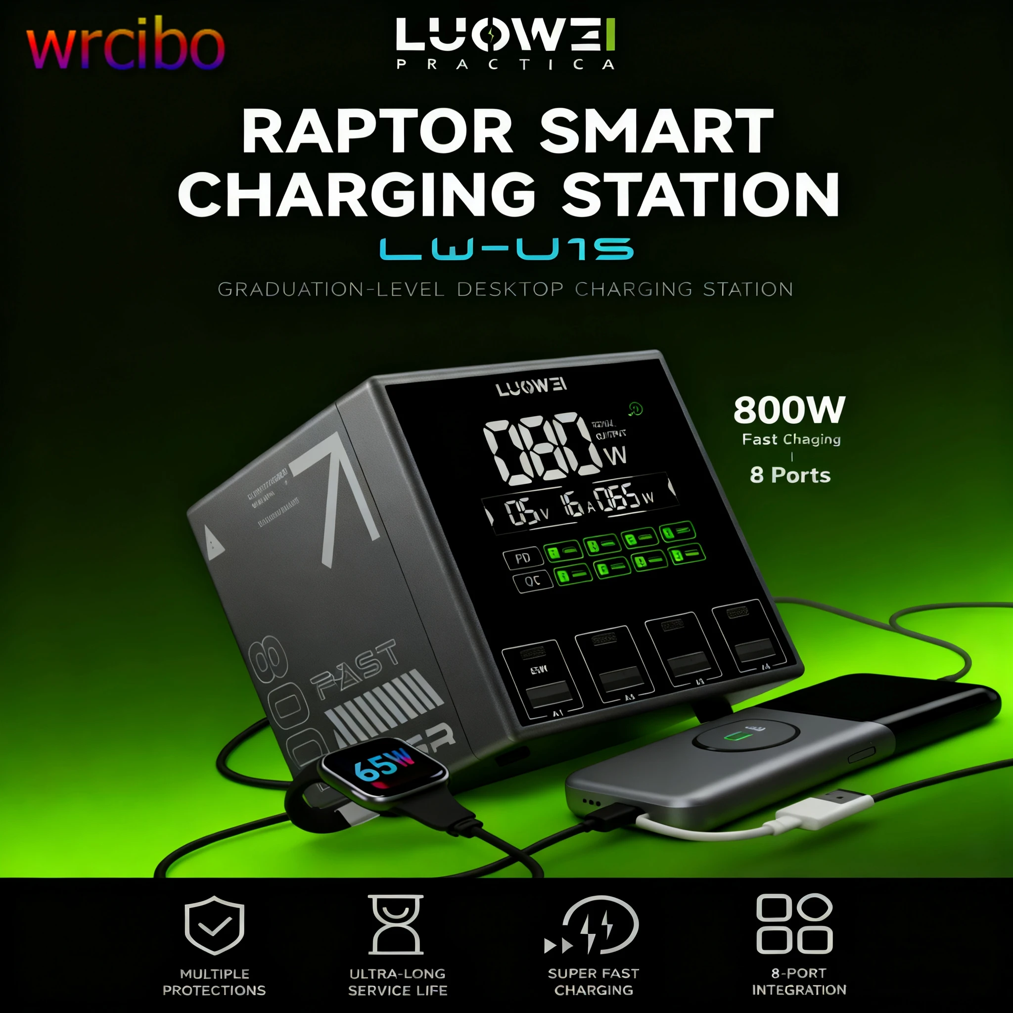 

LUOWEI LW-U1S Smart Charging Station ,8-Port Desktop Charger with PD/QC 65W LCD Display, Multiple Protections, Fast Charging
