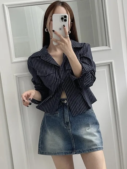 

Шикарный винтажный осенний длинный воротник све на пуговицах, женский утюг с двойной кет, облегающий крой, в полоску, повседневный, эксклюзивный в Интернете