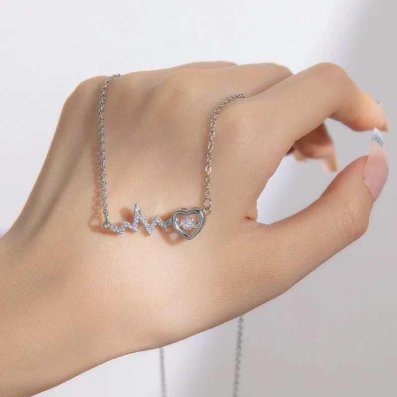 Fashionable Copper Pendant Heart Electrocardiogram Necklace for Women Luxury Versatile Stainless Steel Clavicle Chain Jewelry