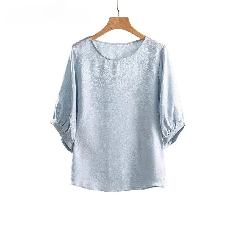 Abbigliamento casual da donna 100% seta di gelso naturale Hua Luo T-shirt a maniche corte girocollo classica casual versatile blu ghiaccio