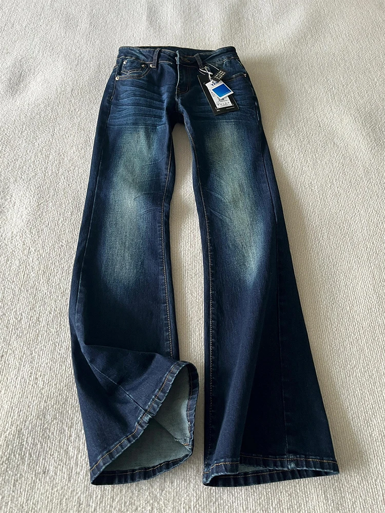 

Deep Blue A-Line Men's Jeans Elastic Straight Leg High Waist Long Micro Flared Pants Youth Trendy Wear Resistant Spring Autumn