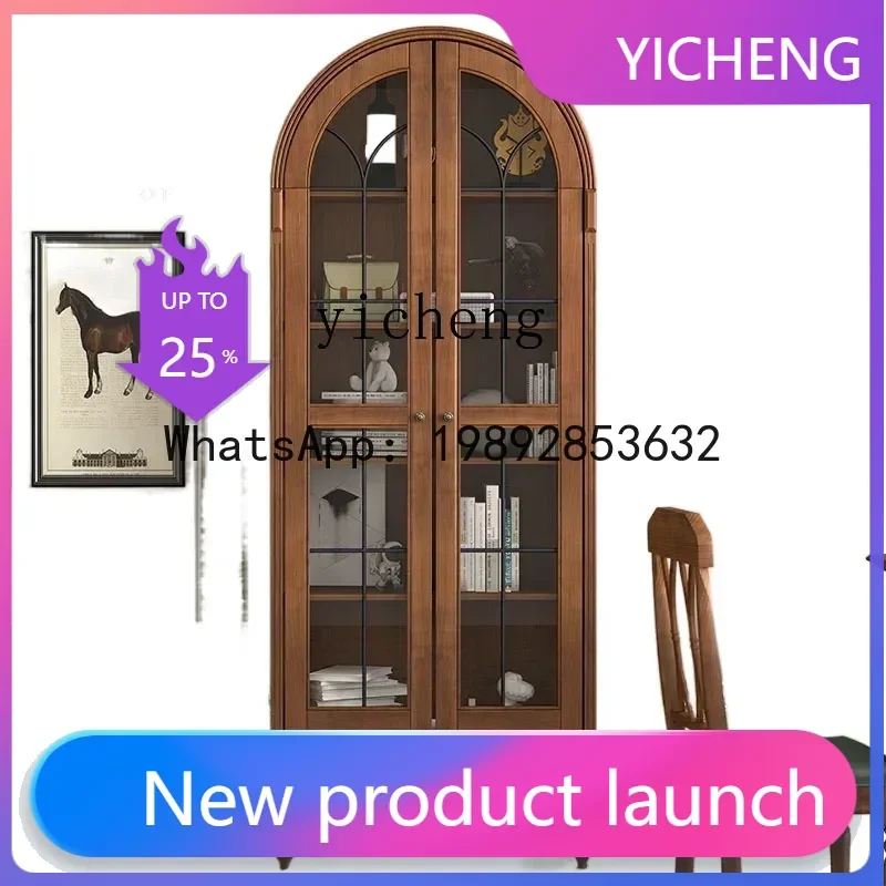 LYY Solid Wood Arched European Retro Glass Door Dustproof Bookcase Custom Wine Cabinet Storage Cabinet
