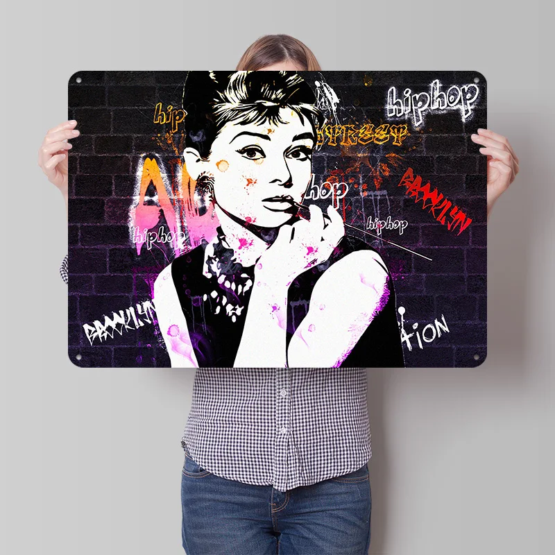 Audrey Hepburn Graffiti Art 3D Printed Texture Poster Personalized Wall Art Retro Metal Tin Signs for Bar Accessories Wand Deko