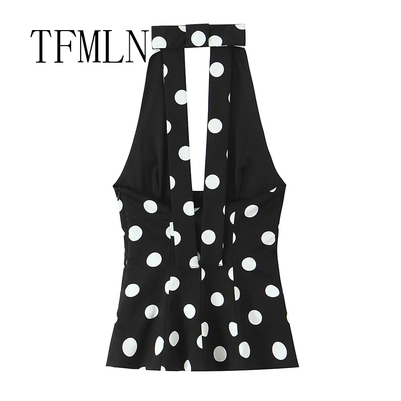 TFMLN فستان نسائي جديد بفيونكة هالتر فستان نسائي أنيق كبير منقط بدون أكمام فستان مثير قصير عالي الشارع