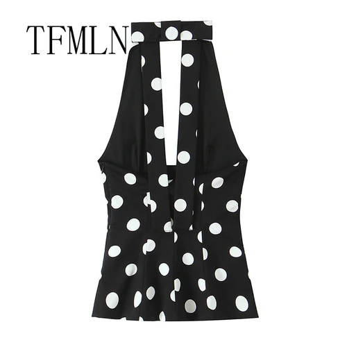 Imagen 2 del producto TFMLN, nuevo vestido Halter con lazo para mujer, moda femenina, vestido sin mangas de lunares grandes a la moda, Mini vestido Sexy de calle alta
