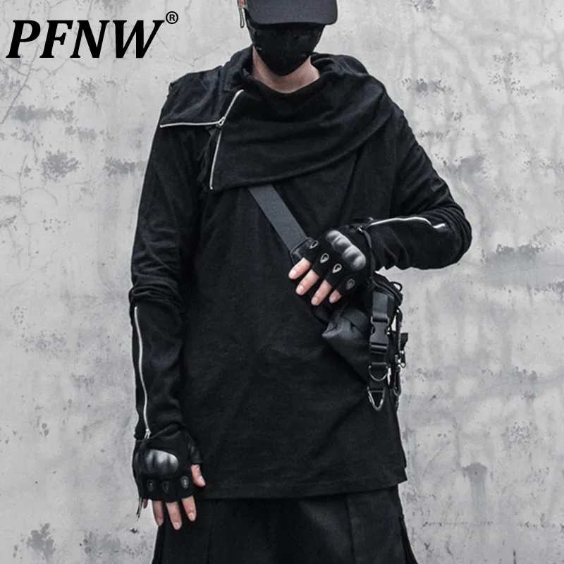 

PFNW Dark Style Men's T-shirts Cuff Zipper Design Irregular Turtleneck Long Sleeve Solid Color Male Tees New Autumn 2024 12C711