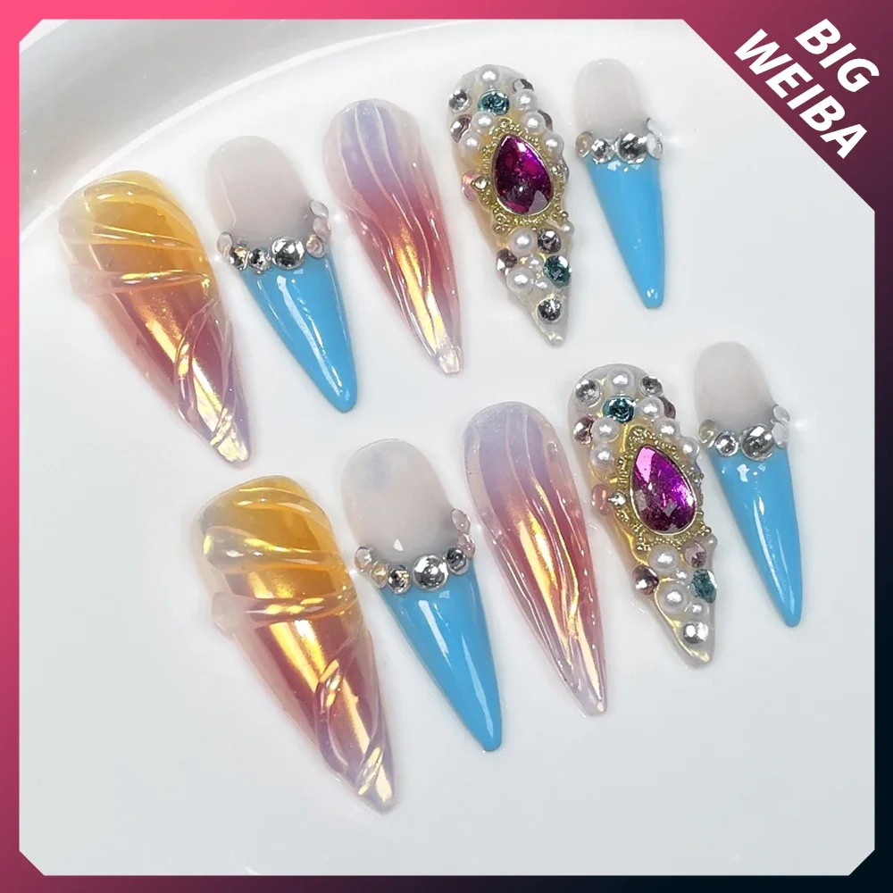 Stilettos Handmade Silver Metal Press On Nail Art Gel Pearl Diamond 3D Flower Future Technology Style Fully Covered Nail Tips