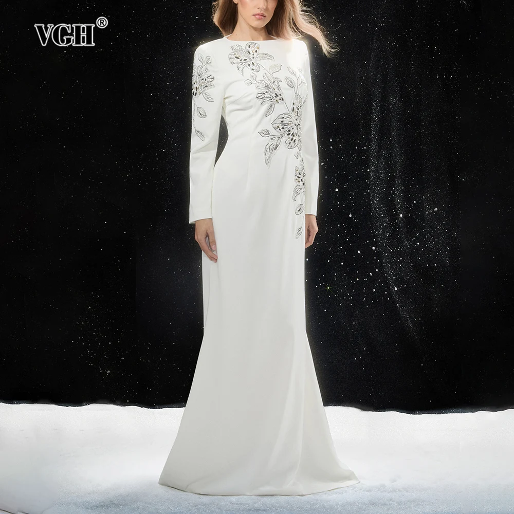 

VGH White Luxurious Evening Fishtail Dress for Women O Neck Long Sleeve High Waist Spliced Embroidery Maxi Dresses Female Trendy