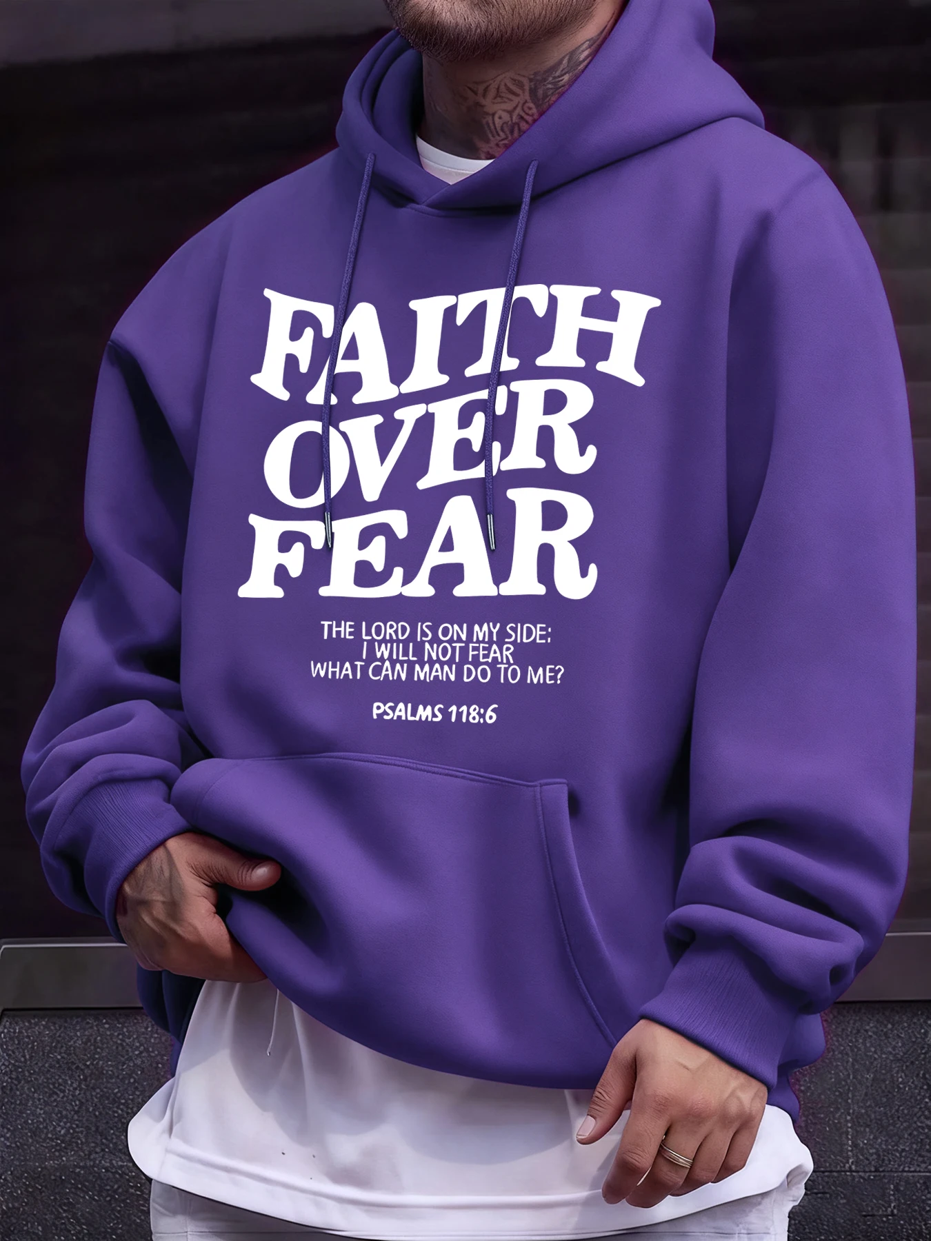 Faith Over Fear Slogan-Print Herren Fleece Mode-Hoodies Lässiger Oversize-Pullover Weiche Herbstkleidung mit Tasche Einfache Sportbekleidung