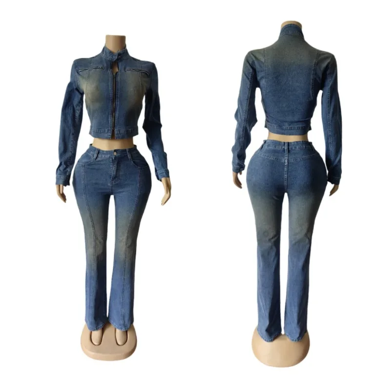 

Denim 2 Piece Set Women Stand Collar Long Sleeve Zipper Jackets Crop Tops + Flare Pants Fashion Casual Jeans Suits Streetwear
