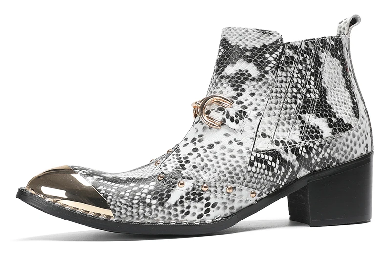Designer Metall Karree Cowboy Motorrad Kurze Stiefel Männlich Große Größe Nieten Echtes Leder Stiefeletten Business Formale Schuhe – Detail 2