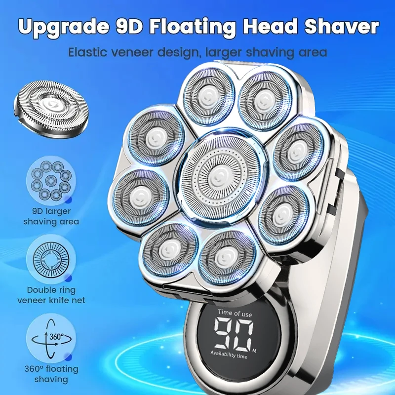 ماكينة حلاقة كهربائية عائمة 9D للرجال برأس أصلع IPX7 ماكينة حلاقة كهربائية مقاومة للماء ماكينة حلاقة رطبة/جافة مع مجموعة أدوات للعناية الشخصية مع شاشة LED