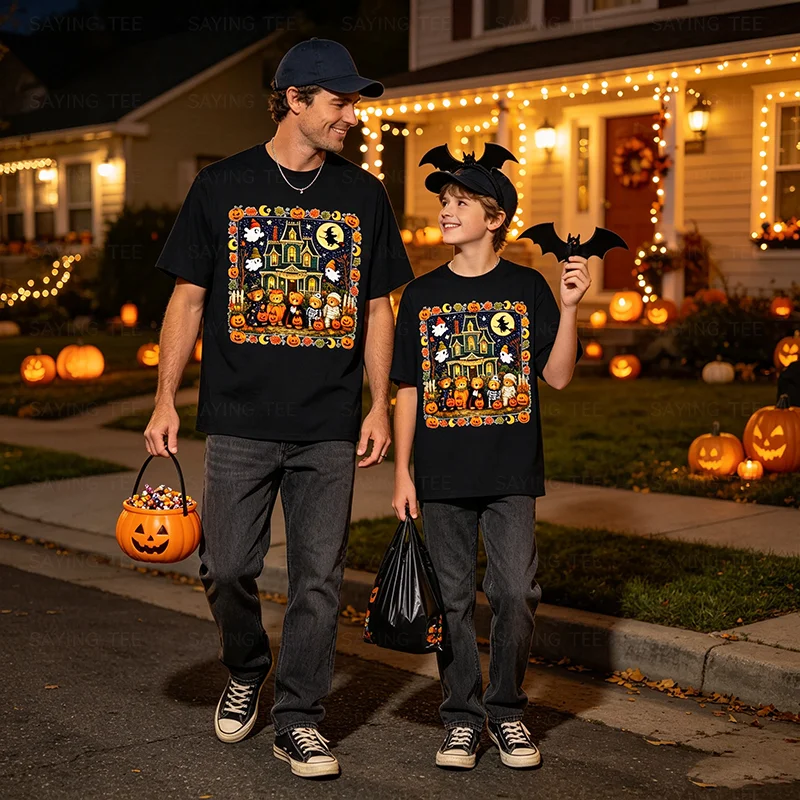 Lustiges Bären-T-Shirt mit Geisterhaus-Grafik, Y2k Horror Mummy Ghost Trick-or-Treat, It's A Scream Dare You Visit Halloween-Kostüm – Detail 4