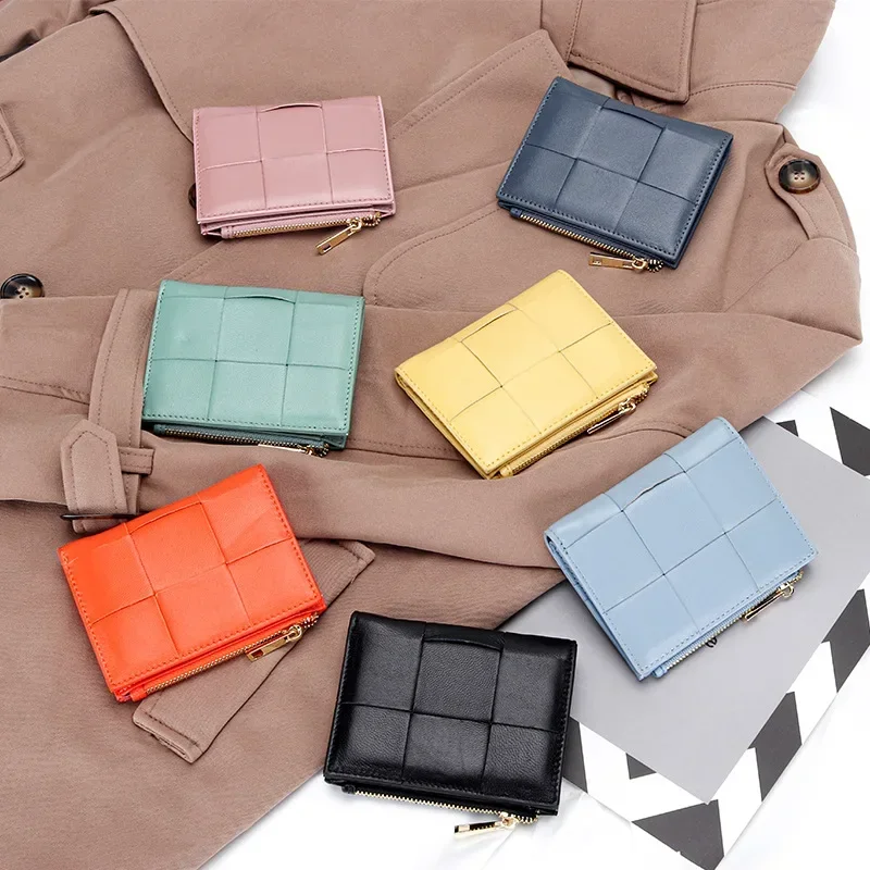 

New Fashion Knitting Short Wallet for Women Genuine Sheepskin Leather Zipper Coin Purse Female Fashion Money Clip 2023