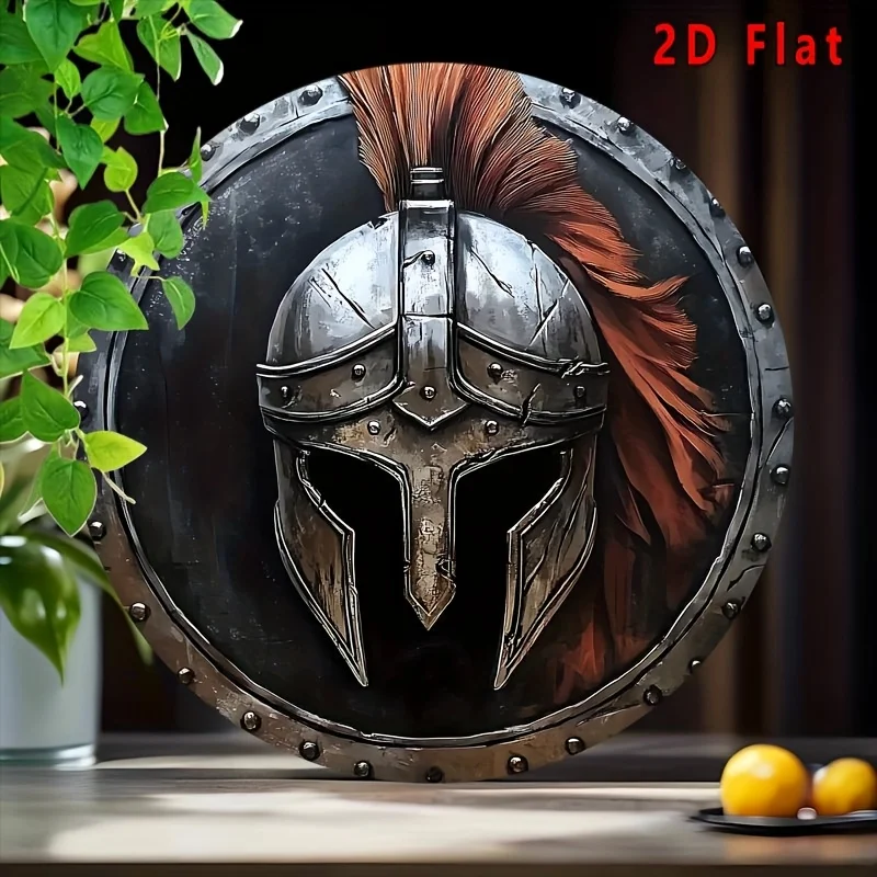 [2D Flat] 1 casco espartano vintage, arte de pared de aluminio, emblema de metal 2D redondo de 8x8 pulgadas, alta resistencia a la curvatura, ideal para el hogar y