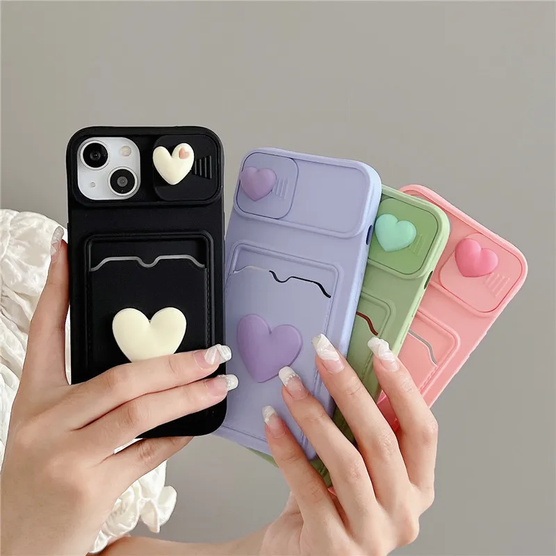 Cartoons Flower 3D Love Heart Liquid Silicone Wallet Card Case For iPhone 14 13 12 Pro Max 11 MiNi XR XS 7 8 Plus SE3 Soft Cover