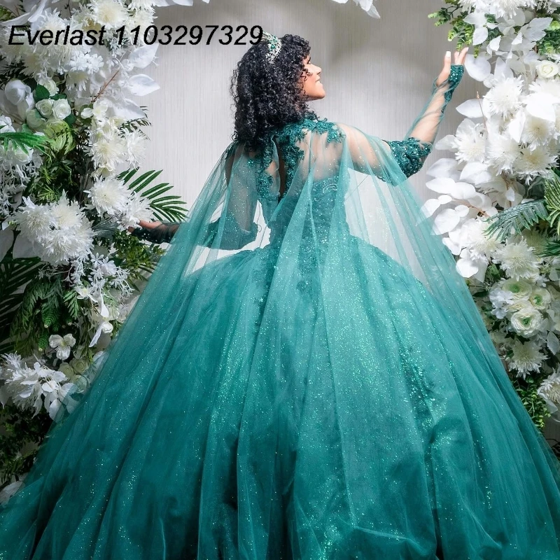 

EVLAST Customized Green Quinceanera Dress Ball Gown Lace Applique Beading With Cape Corset Sweet 16 Vestidos De 15 Anos TQD888