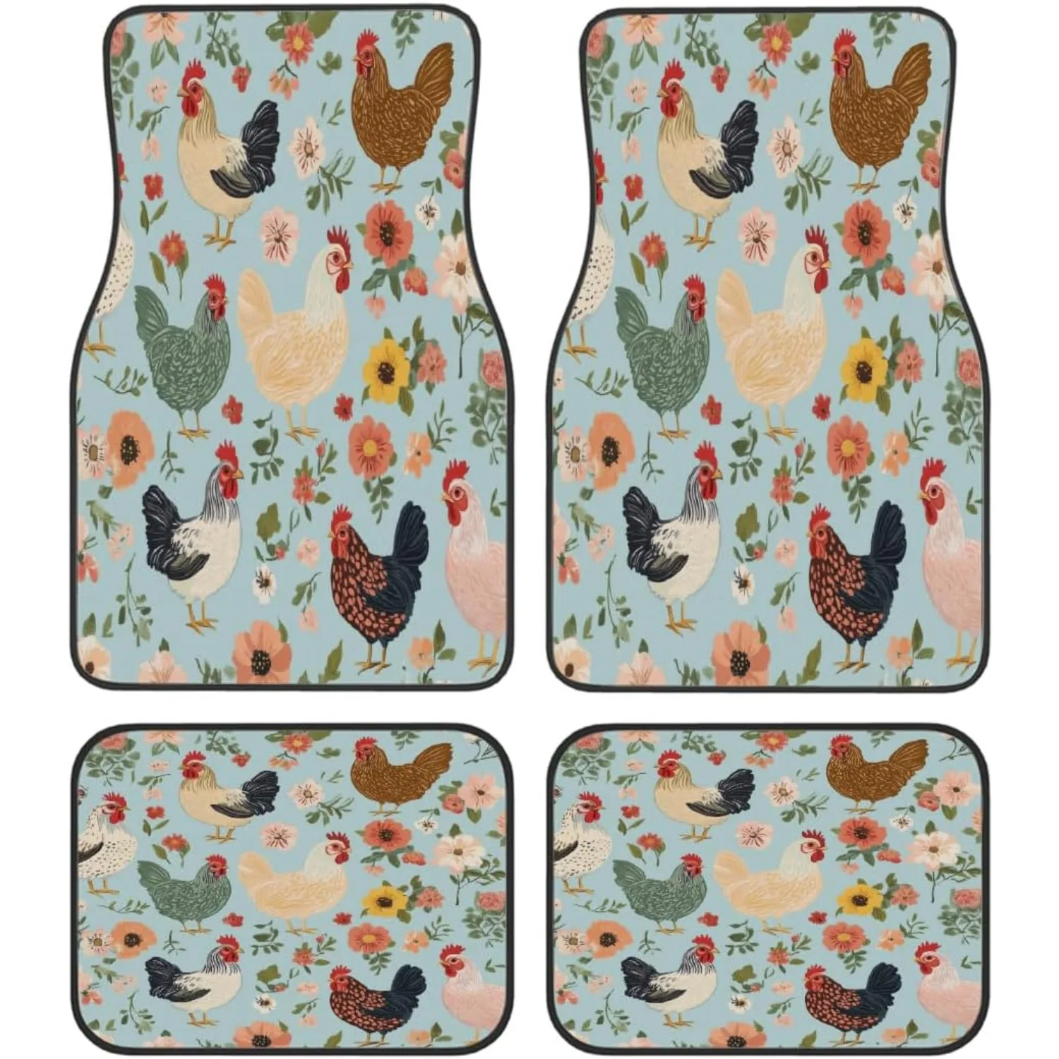 Set Of 4 Car Floor Mats | Non Slip, Waterproof Polyester Rugs, Universal Fit For SUV, Van, Truck, Sedans With Farm Chickens And