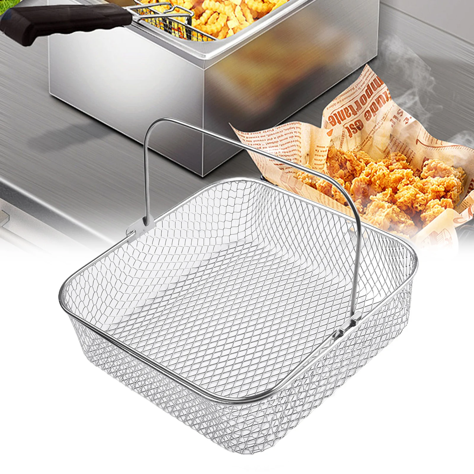 

Square Stainless Steel Air Fryer Basket For 5.8QT 6QT Air Fryer Accessories 20*20*6cm For Chicken Steak Desserts Snacks Fried