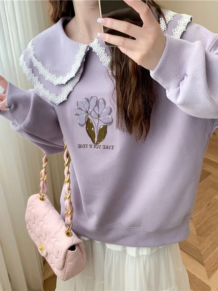 

Loose Fit Lace Trimmed Doll Collar Hoodie Women's Spring Autumn Anti-Aging Casual Sle Long Sve Plant Floral Print Top