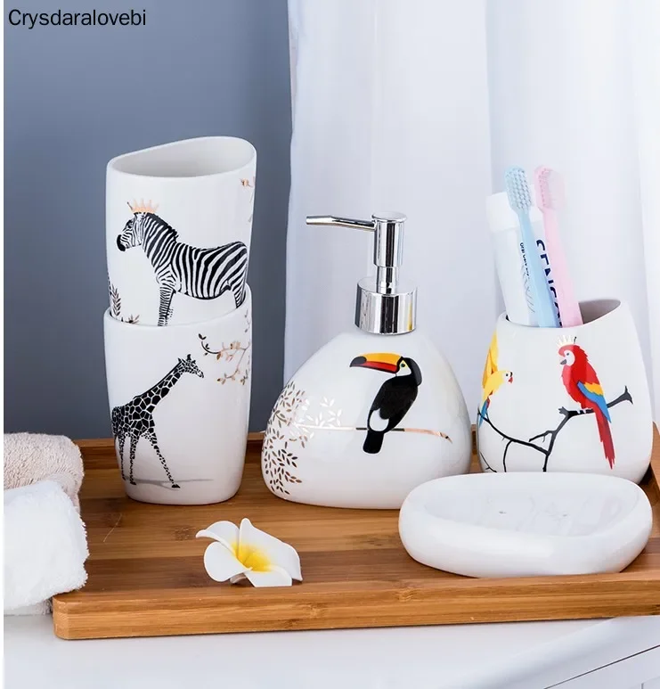 Cute Zebra Owl Brushing Cup For Kids Nordic Bathroom Accessories Set Five-Piece Sanitary Ware Ceramic Wash Set Mug Cup Brushing