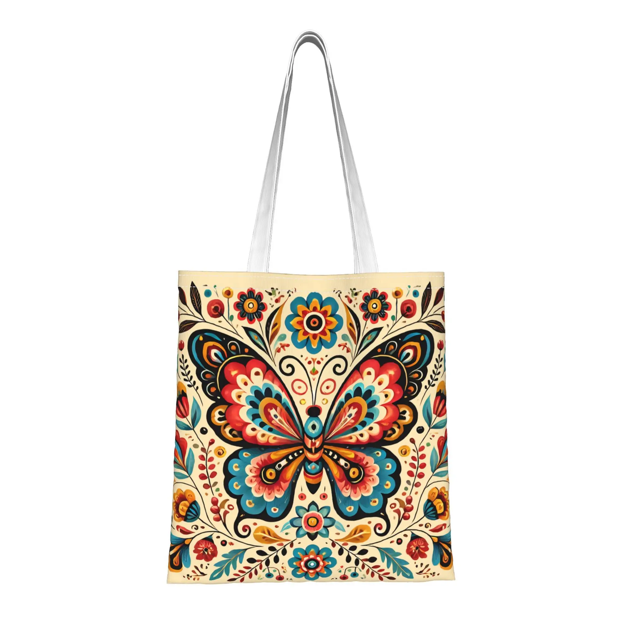 1pc Folk Style Butterfly & Floral Themed Printed Tote Bag,Re