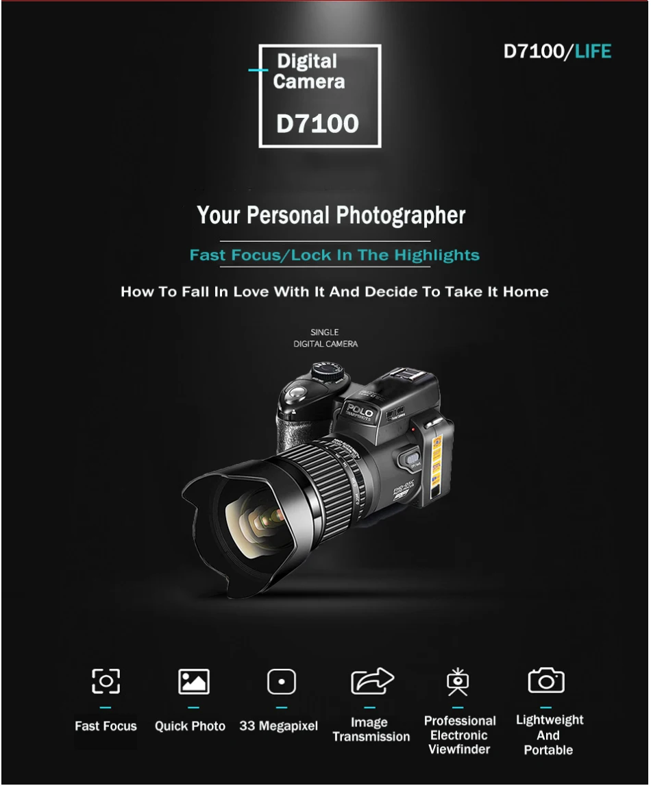 24X Optical Zoom HD Digital Camera POLO D7100 33Million Pixel Auto Focu Professional DSLR Video Camera Three Lens Outdoor Camera