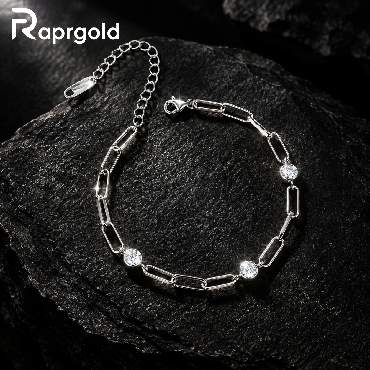 RAPRGOLD Moissanite Paperclip Bracelet GRA Certified 14K Gold Plated Bezel Link Fine Jewelry Gifts For Women Men
