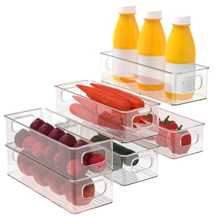 Curated Picks Set of 6 Refrigerator Pantry Organizer Bins - Stackable Fridge Organizers with Handles for Pantry, Freezer, Kitch