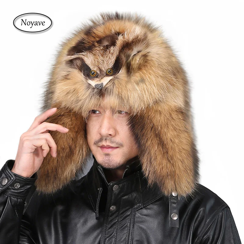 100% Real Fur Raccoon Fox Skin Russian Hats Pilot Bombers Full Mao Men\'s hat Ushanka Winter Ear Guard Hat Raccoon Fur Beanie Hat