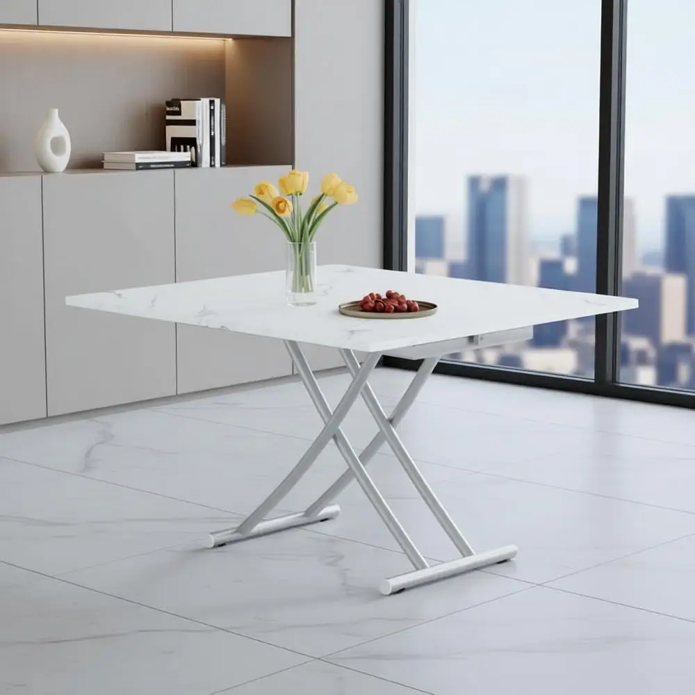 

Space-Saving White Drop Leaf Dining Table, 4-in-1 Adjustable Foldable Table for 2-4 People, Kitchen Living Room Furniture with M