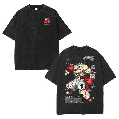 Imagen 2 del producto Camiseta con estampado gráfico de Anime Ippo Makunouchi, camiseta Retro de algodón lavado de gran tamaño para hombres y mujeres, camiseta informal de moda Harajuku de verano