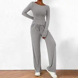 Women Solid Color Suit Women's Solid Color Irregular Blouse Wide Leg Trousers Set for Wear Round Neck Long Sleeves for Fall