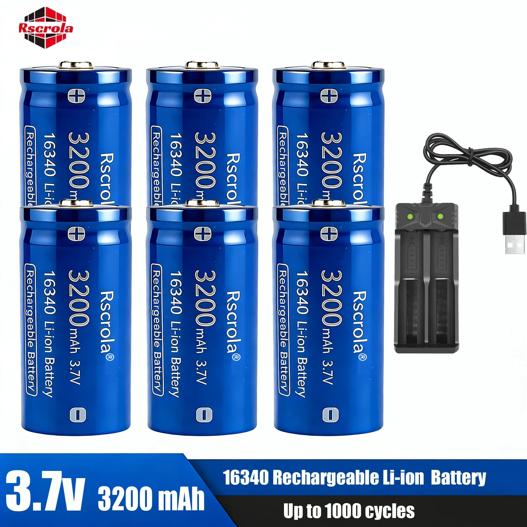 

3,7 В 16340 Литий-ионная аккумуляторная батарея 3200 мАч с USB-зарядным устройством, защищенная схема для светодиодного фонарика, налобного фонаря, лазера, игрушек
