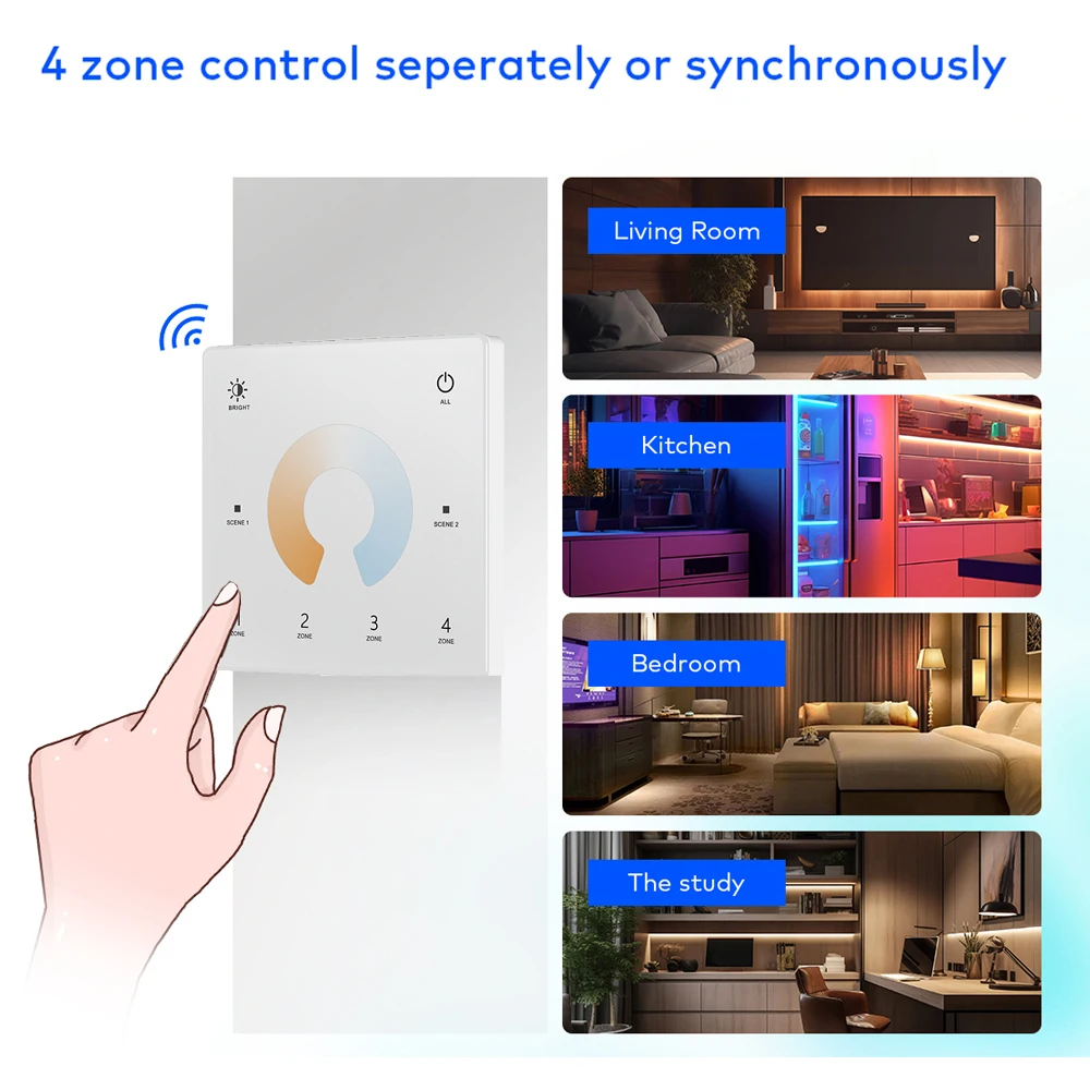 LED Smart Dimmer 2 CH 12V 24V 36V CCT LED Strip Dimming Controller Kit 2.4G RF Remote Control 4 Zone Touch Switch For TUYA Wifi