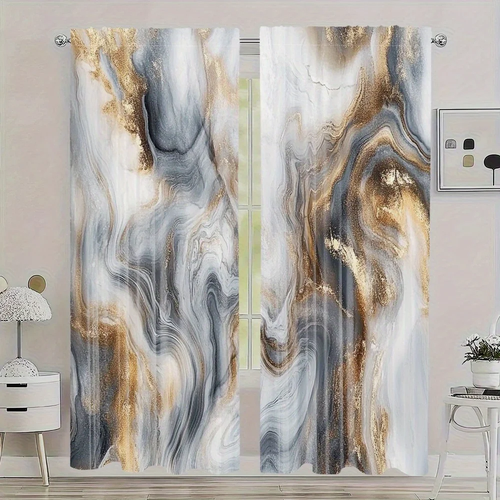 2pcs Marble Art Curtains – Classic Black Sheer Design in Polyester with Rod Pocket, Perfect for Living Room and Bedroom