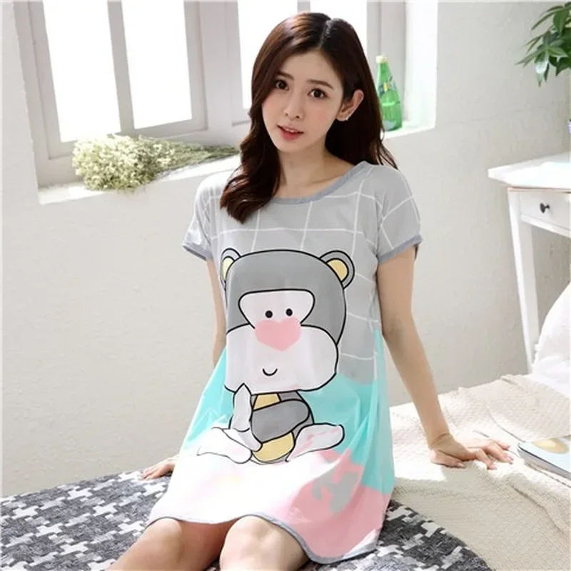 Summer Cartoon Nightdress Ladies Milk Silk Double-sided Printing Cute Nightdress Women\'s Nightgown Sleepwear Night Wear