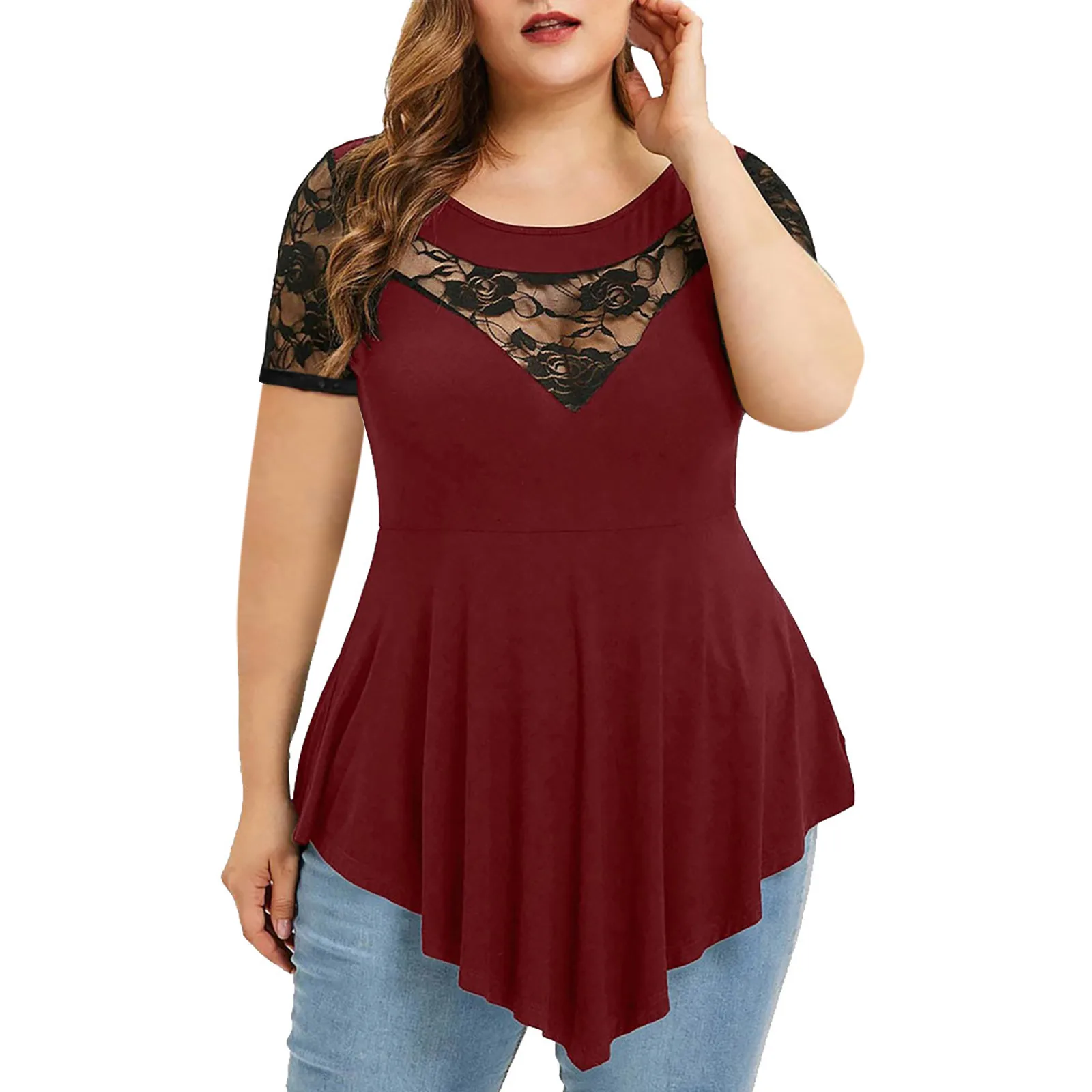 New Plus Size Women's Large Flower Lace Short Sleeve Hollowed Out Sexy Irregular Hem Round Neck Women Top T-shirt Pullover