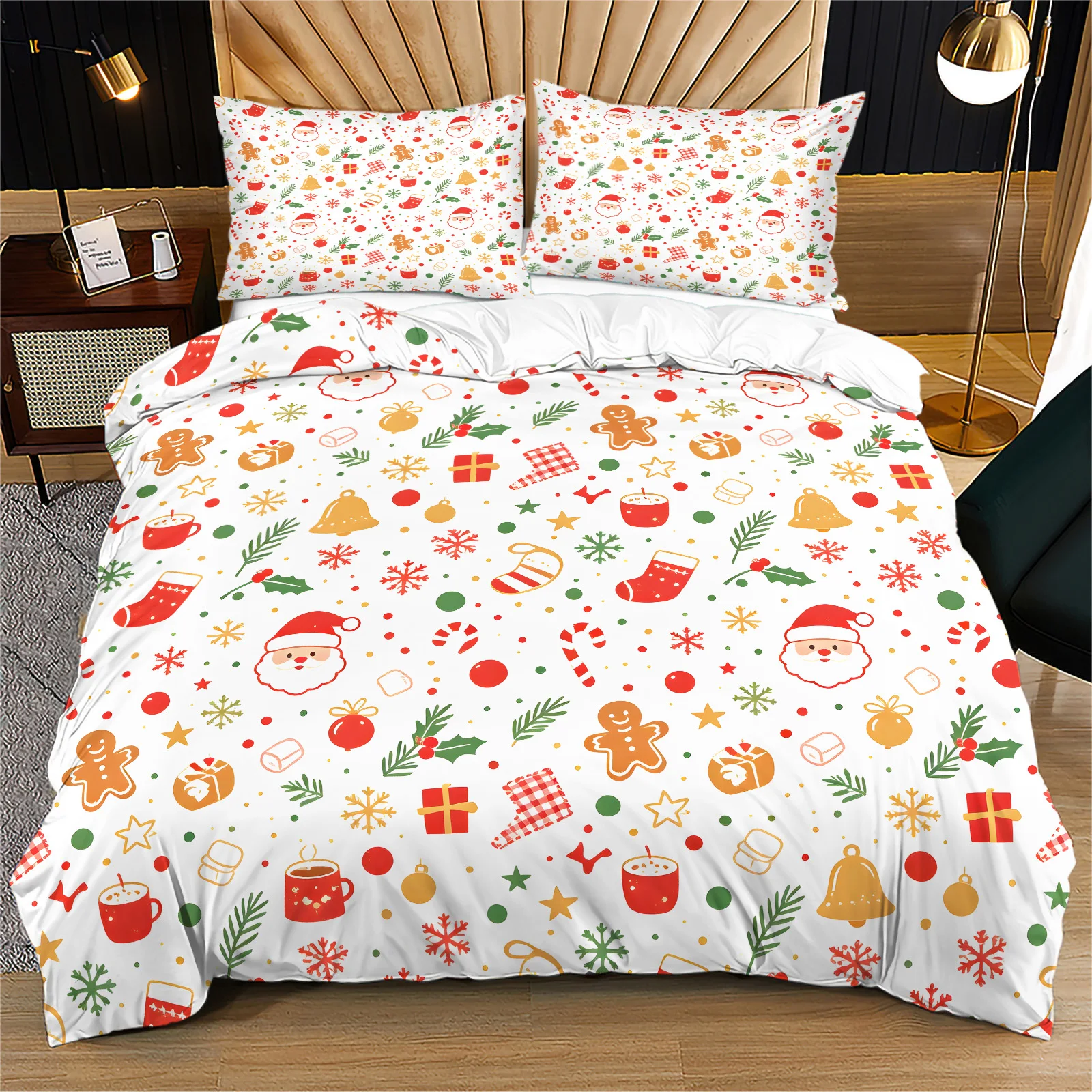 Xmas Duvet Cover Set Festive Santa Gingerbread Printed Bedding Zipper Quilt Cover with Pillowcases Christmas Home Bedroom Decor
