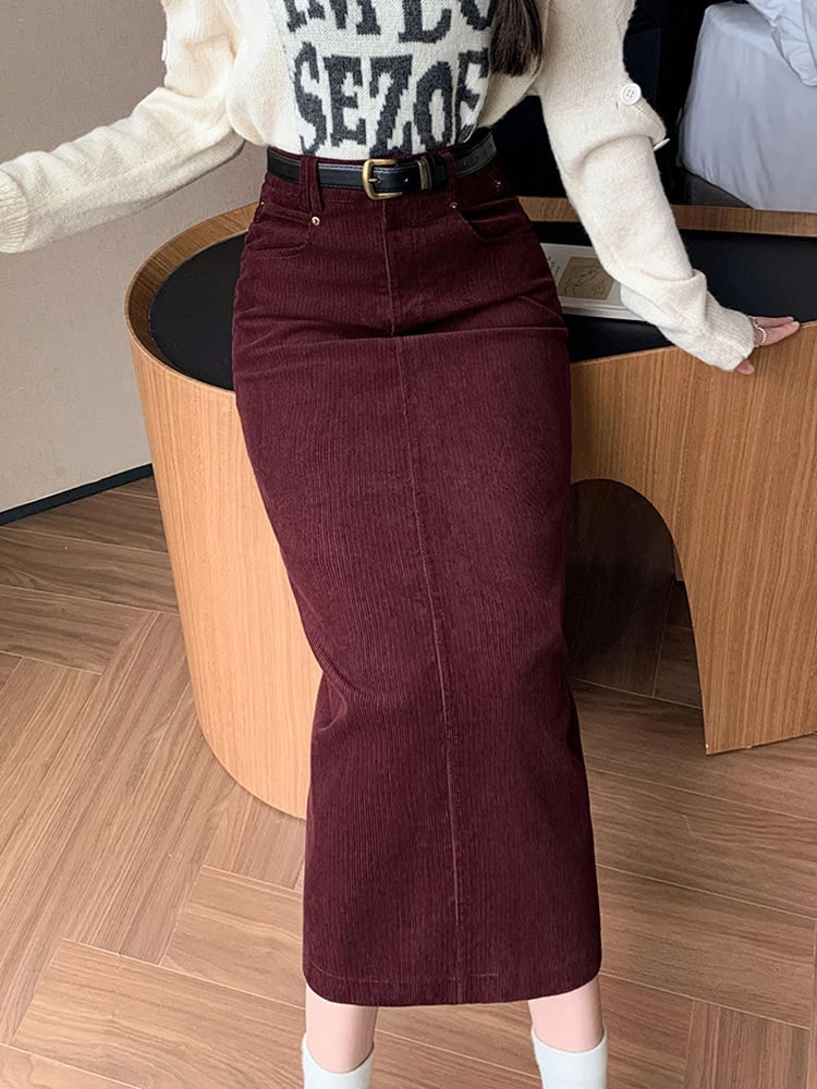 Vintage High Waist Winter Long Skirts For Women Elegant Office Wear Solid Corduroy Pencil Skirt With Belt Wrap Falads Largas