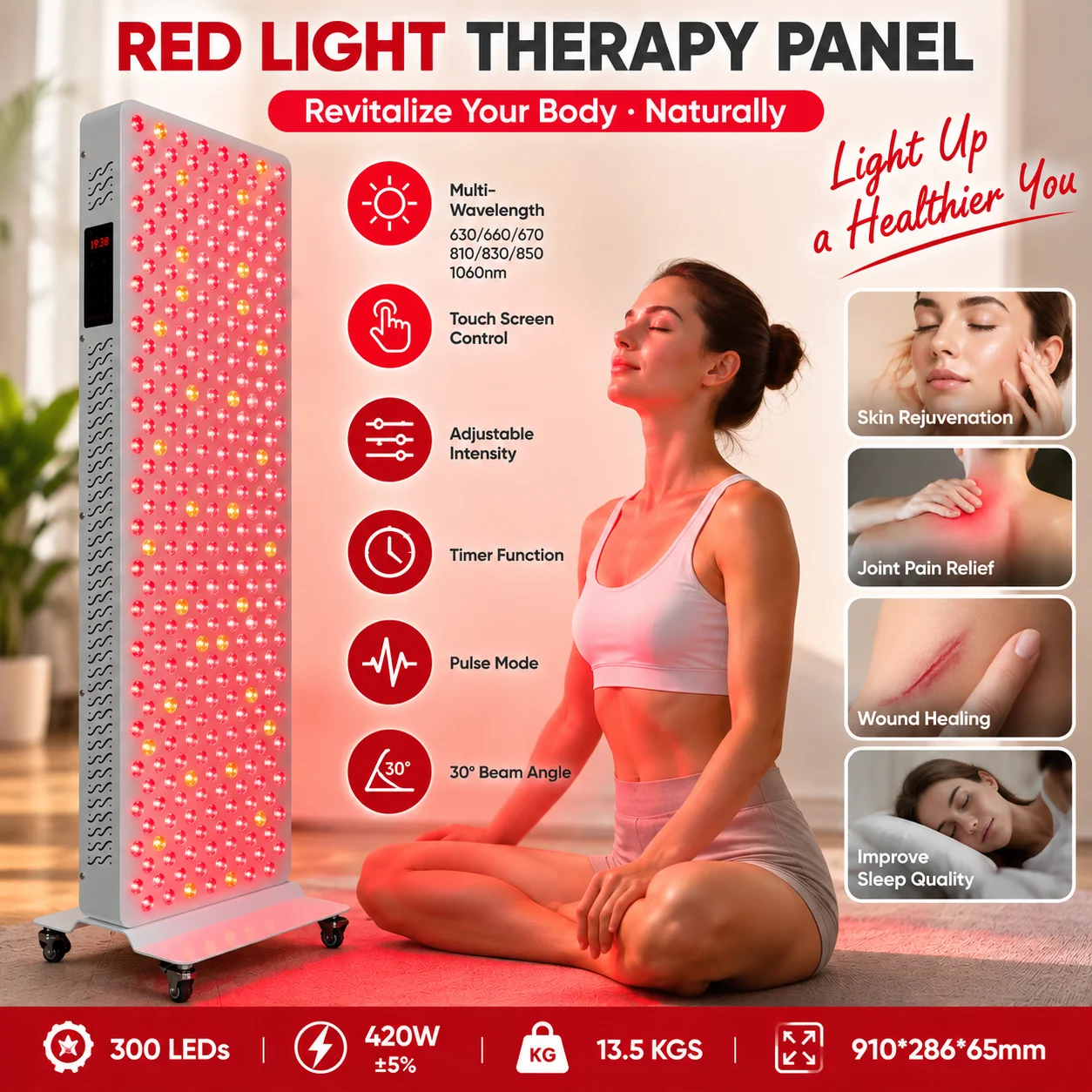Professional 1500W High Irradiance Whole Body Inflammation Muscle Joint Pain Relief Infrared Red Grow Light Therapy Panel